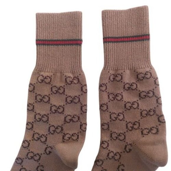 GUCCI | Web Stripe Camel Brown GG Logo Jacquard Knit Calf Socks Unisex Pre-Owned - Picture 5 of 12